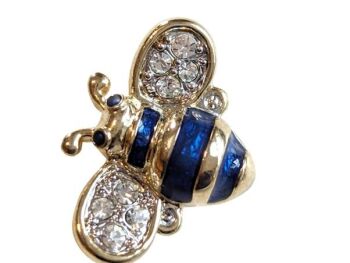 Vintage Cabouchon  bee tac-pin with gold plating, blue enamel and Austrian crystals