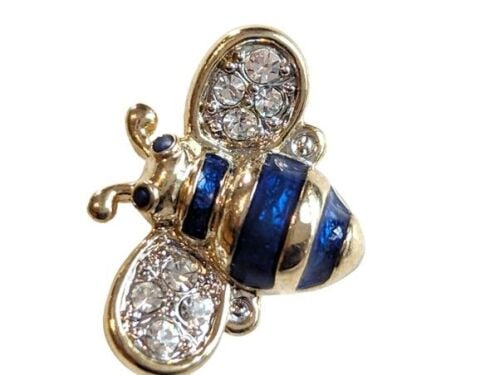 Vintage Cabouchon  bee tac-pin with gold plating, blue enamel and rhineston