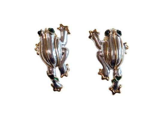 Vintage Cabouchon rhodium and gold plated frog earrings for pierced ears. T