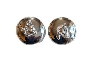 Vintage Cabouchon rhodium plated earrings for pierced ears depicting the head of a horse in the middle