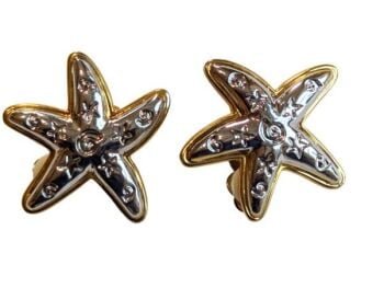 Vintage Cabouchon rhodium and gold plated starfish clip earrings. The back is gold plated.