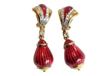 Vintage Cabouchon gold plated clip earrings with red enamel and Austrian crystals