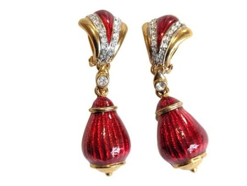 Vintage Cabouchon gold plated clip earrings with red enamel and rhinestone.