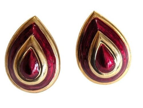 Vintage Cabouchon gold plated clip earrings with red enamel.