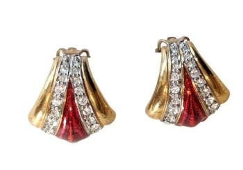 Vintage Cabouchon gold plated clip earrings with red enamel and Austrian crystals