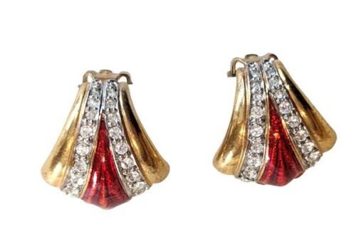 Vintage Cabouchon gold plated clip earrings with red enamel and rhinestones