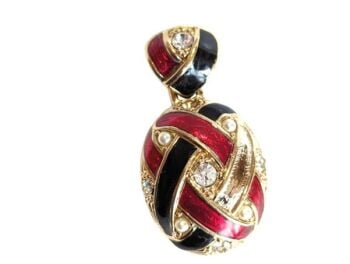 Vintage Cabouchon gold plated pendant  with black and red enamel and Austrian crystals