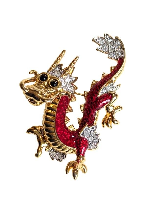 Vintage Cabouchon  dragon brooch with gold plating, red enamel and rhinesto