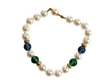 Vintage Cabouchon bracelet with gold plating, high quality faux pearls, green and blue stones.  Size extra large.