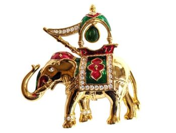 Vintage Cabouchon  elephant brooch with gold plating, red and green enamel, a green stone and Austrian crystals.