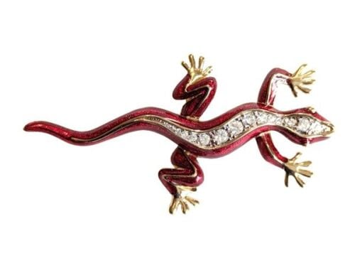 Vintage Cabouchon  lizard brooch with gold plating, red enamel and rhinesto