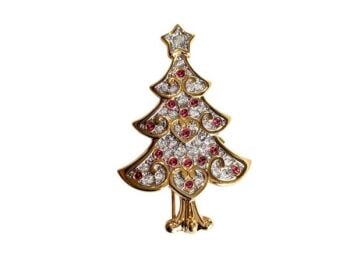 Vintage Cabouchon  Christmas tree brooch with gold plating, ruby red stones and Austrian crystals.