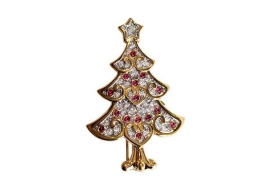 Vintage Cabouchon  Christmas tree brooch with gold plating, ruby red stones