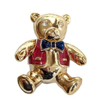 Vintage Cabouchon teddy bear brooch with gold plating, red and dark blue enamel and Austrian crystals.