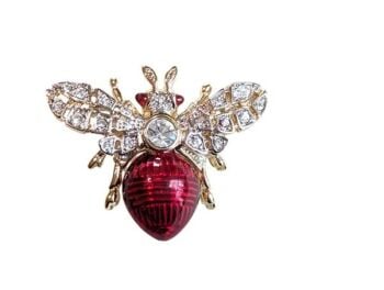 Vintage Cabouchon bee brooch  with gold plating, red enamel and Austrian crystals.