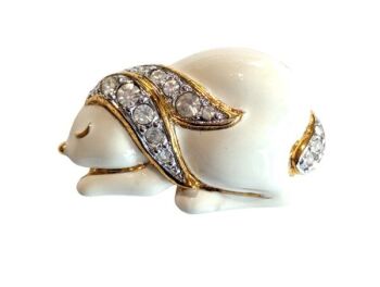 Vintage Cabouchon rabbit brooch  with gold plating, white enamel and sparkling Austrian lead crystals.