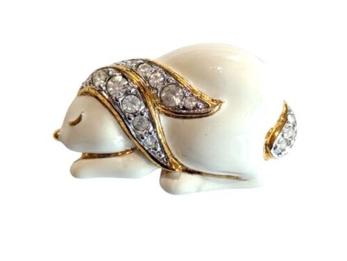 Vintage Cabouchon rabbit brooch  with gold plating, white enamel and rhines