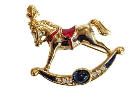 Vintage Cabouchon rocking horse brooch  with gold plating, red and dark blu