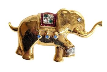 Vintage Cabouchon elephant brooch  with gold plating, red enamel, a light blue and green diamantés and Austrian crystals.