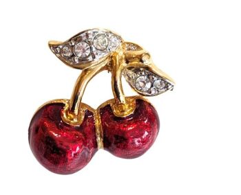 Vintage Cabouchon  cherries tac-pin with gold plating, red enamel and Austrian crystals