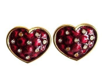 Vintage Cabouchon gold plated clip heart earrings with red enamel and Austrian crystals