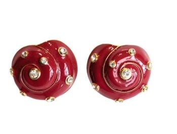 Vintage Cabouchon gold plated clip earrings from the Snail collection with red enamel and Austrian crystals