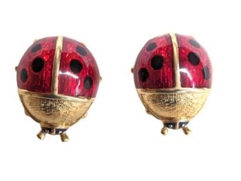 Vintage Cabouchon gold plated ladybird clip earrings with red and black enamel