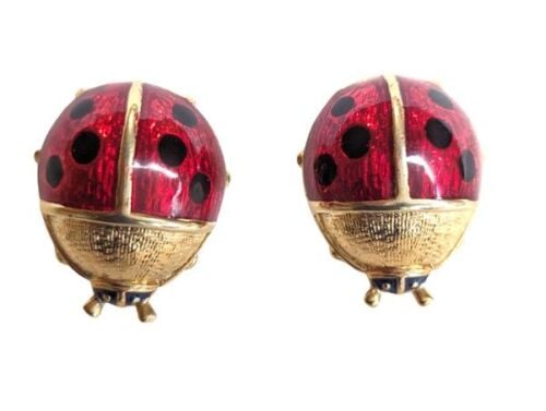 Vintage Cabouchon gold plated ladybird clip earrings with red and black ena