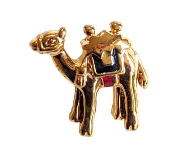 Vintage Cabouchon  camel tac-pin with gold plating and red and black enamel.