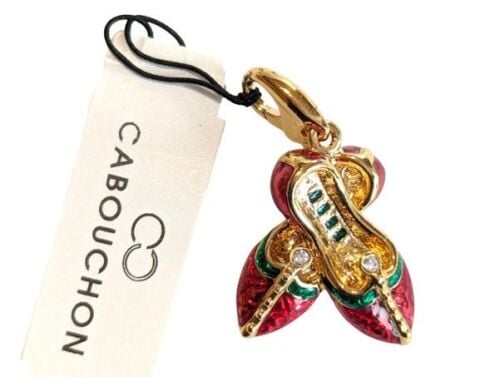 Vintage Cabouchon gold plated ballet shoe pendant  with red and green ename