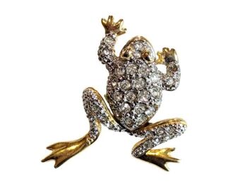 Vintage Cabouchon  frog tac-pin with gold plating and Austrian crystals