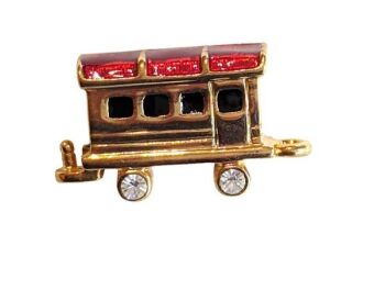 Vintage Cabouchon train carriage tac-pin with gold plating, red and black enamel and Austrian crystals