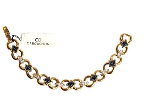 Vintage Cabouchon gold plated bracelet with high blue stones and rhinestone