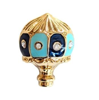 Vintage Cabouchon  hot air balloon tac-pin with gold plating, light green and navy blue enamel and Austrian crystals