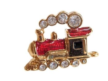 Vintage Cabouchon steam train engine tac-pin with gold plating, red and black enamel and Austrian crystals