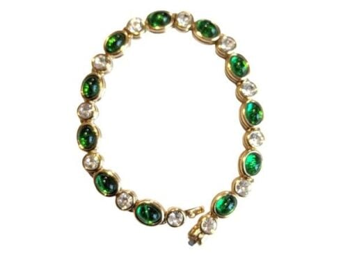 Vintage Cabouchon gold plated bracelet with green stones and rhinestones.  