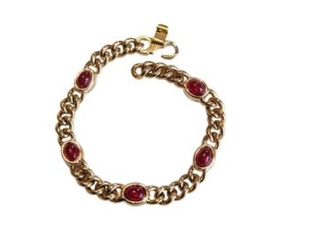 Vintage Cabouchon gold plated bracelet with 5 red stones.  Size medium.