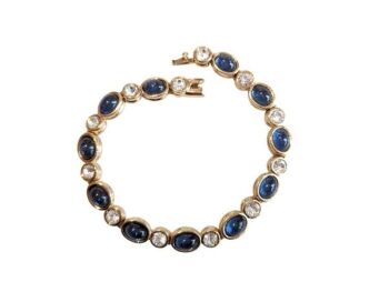 Vintage Cabouchon bracelet with gold plating, sapphire coloured blue stones and Austrian crystals. Size small.