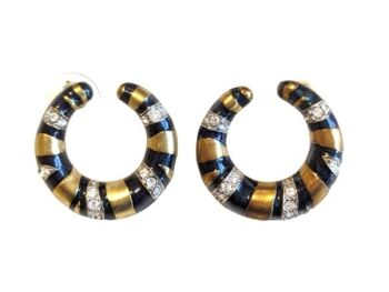 Vintage Cabouchon gold plated earrings with dark blue enamel and Austrian crystals, for pierced ears.