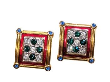 Vintage Cabouchon earrings with gold plating, red enamel, and clear, green and ligth blue  Austrian crystals, for pierced ears.