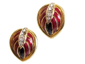 Vintage Cabouchon earrings with gold plating, red and black enamel, and clear Austrian crystals, for pierced ears.