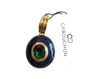 Vintage Cabouchon gold plated pendant with blue enamel and green diamanté.