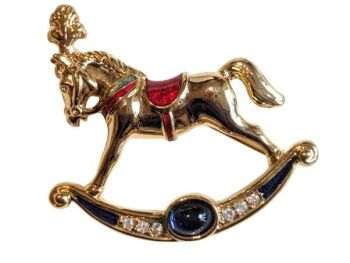 Vintage Cabouchon gold plated brooch with blue and red enamel, sparkling Austrian lead crystals and a blue diamanté.