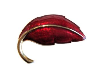 Vintage Cabouchon gold plated leave brooch with burgundy enamel.