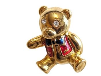 Vintage Cabouchon teddy bear tac-pin with gold plating, red and dark blue enamel and sparkling Austrian lead crystals for eyes.