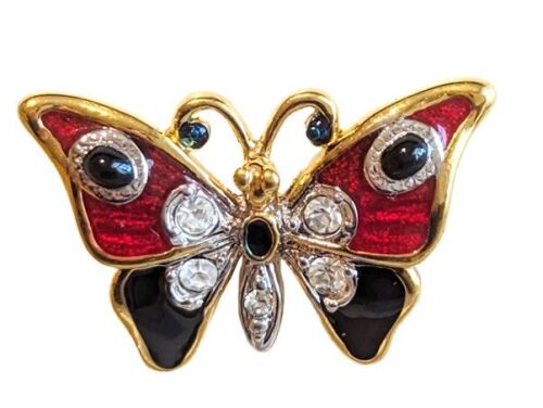 Vintage Cabouchon butterfly tac-pin with gold plating, red and black enamel