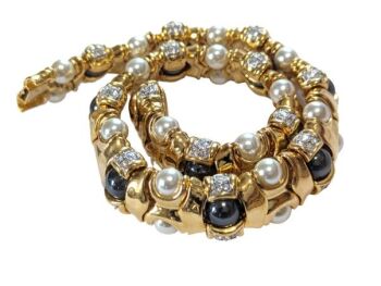 Vintage Cabouchon gold plated necklace / choker / collar with Austrian crystals, high quality faux pearl, and hematite. Size small.