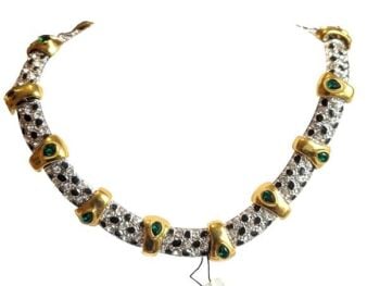 Vintage Cabouchon gold and rhodium plated necklace / choker / collar with clear and black Austrian crystals and green stones. The back is rhodium plat