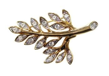 Vintage Cabouchon gold plated leaf brooch with Austrian crystals