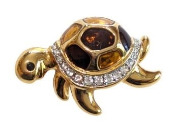 Vintage Cabouchon gold plated tortoise brooch, enamelled in tan and brown, with sparkling Austrian lead crystals.